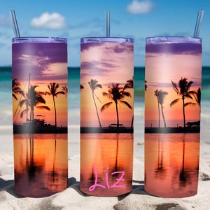 Personalized Beach Tumbler Sunset Tumbler 20oz Skinny Tumbler Girls Trip Tumbler Beach Tumbler Cup Custom Vacation Tumbler Spring Break Girl