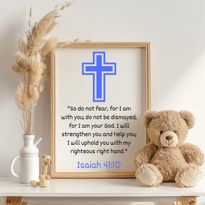 Christian Kids Wall Art Christian Nursery WallArt Blue Cross Art Boys Bible Verse Digital Boys Room Scripture Isaiah 4110 Wall Art Christian