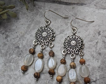 Moonstone and Jasper Drop Earrings, Dangle Earrings, Boho Jewelry