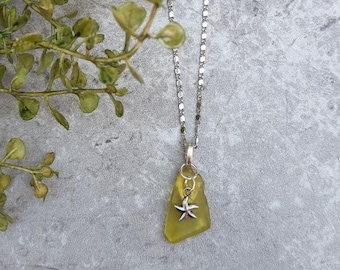 Yellow Sea Glass Starfish Necklace, Beach Jewelry, Sea Star Necklace