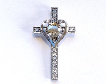 Sterling Silver Cross Pendant, Citrine Pendant, Cross With Heart Charm, Birthstone Pendant, 925 Silver