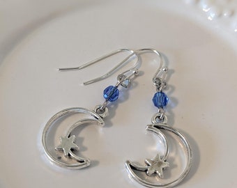 Moon and Star Drop Earrings, Dangle Earrings, Blue Crystal
