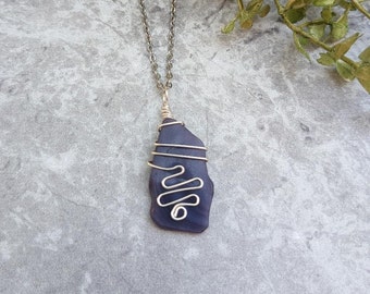 Wire Wrapped Blue Sea Glass Necklace, Beach Jewelry, Sea Glass Pendant