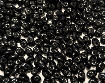 Twin Seed Beads, Two Hole Beads, 2.5 x 5mm Black Beads, Czech Glass Beads