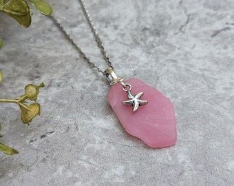 Pink Sea Glass Starfish Necklace, Beach Jewelry, Sea Star Necklace