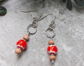 Red Beaded Drop Earrings, Dangle Earrings