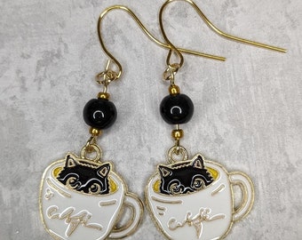 Cat and Teacup Drop Earrings, Cat Jewelry, Dangle Earrings