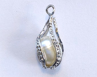 Sterling Silver Twist Drop Pearl Pendant, Caged Pearl Pendant, Silver Marcasite Charm, Jewelry Supplies