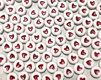 100 Round Acrylic Heart Beads, 7mm, Red and White, Bracelet Jewelry Making