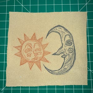 Hand-Stamped Sun and Moon Lovers Patch on Recycled tan Fabric (5.5"x5.5")