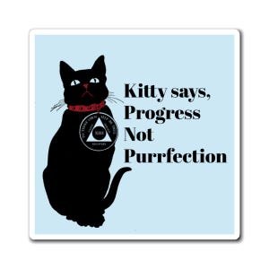 May include: A black cat with a red collar and a black and white circular symbol on its chest. The cat is sitting on a light blue background. The text "Kitty says, Progress Not Purrfection" is written in black letters.