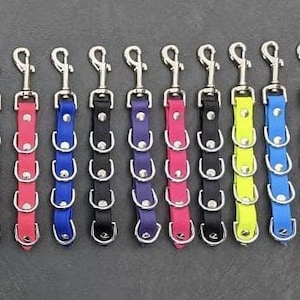 Pode incluir: Um conjunto de 18 acessórios de trela para cães de couro colorido com argolas de metal prateadas. Cada acessório tem cinco argolas e mede aproximadamente 15 cm de comprimento.