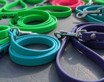 May include: A collection of colorful dog leashes in green, blue, purple, and pink. The leashes are made of a durable rubber material and feature silver metal clasps.