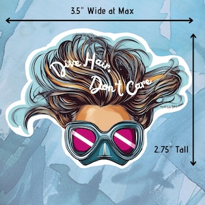 Pegatina de buceo con texto &quot;Dive Hair Don&#39;t Care&quot; / Regalo para buceadores / Pegatina de vinilo resistente al agua para ordenador portátil, botella de agua, equipo de buceo, coche, amante del océano