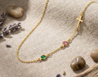 Personalized Sideways Cross Necklace, Birthstone Family Jewelry, 14K Gold Plated Silver