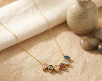 Custom Birthstone Teardrop Necklace, Sterling Silver Family Pendant
