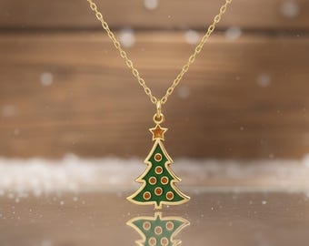 Christmas Tree Necklace, Gold Plated Sterling Silver, Holiday Jewelry