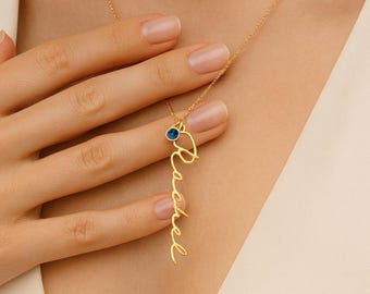 Custom Birthstone Name Necklace, Sterling Silver Personalized Pendant