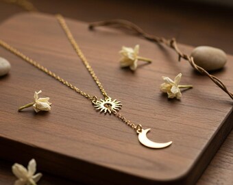Minimalist Celestial Jewelry, Dainty Pendant, Astrology Gift for Her, Sun & Moon Necklace