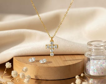 Gold Crystal Cross Necklace, Minimalist Christian Jewelry