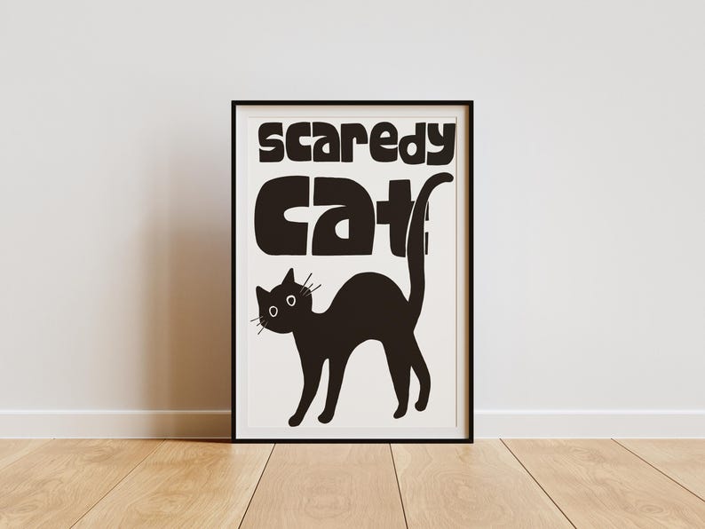 Scaredy Cat - Cute Art, Wall Art, Cat Poster, Fall Themed Poster, Black ...