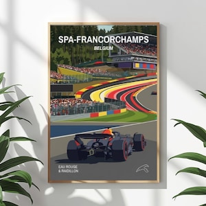 May include: A framed poster of the Spa-Francorchamps race track in Belgium. The image shows a Formula 1 car on the track, with the text "SPA-FRANCORCHAMPS BELGIUM" at the top. The track has colourful stripes, and the poster is in a wooden frame.