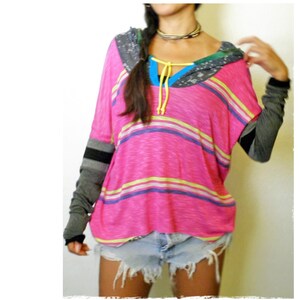 Get Loose Hoody Pink Stripy Patch Contrast Sleeves Sport Tunic image 2