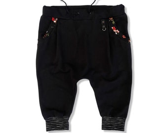 Black Drop Crotch Capri Pant with Blooms