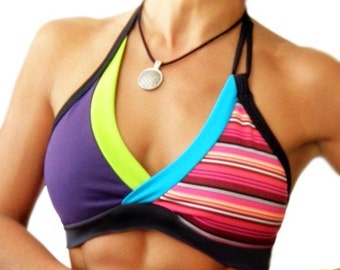 Funky Retro Stripe Halter Sports Bra (CrissCross)