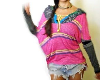 Get Loose Hoody Pink Stripy Patch Contrast Sleeves Sport Tunic