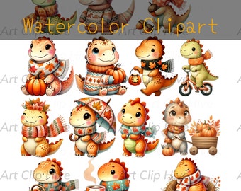 Cute Autumn Dinosaurs Clipart, Watercolor Cartoon Dino PNG, Fall Baby Dinosaur, Kids Dinosaur Wall Art, Nursery Designs