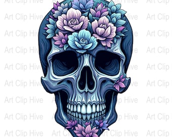 Day of the Dead Skull Art, Floral Skull Png, Sugar Skull Poster, Dia de Los Muertos Art, Colorful Skeleton Illustration, Purple and Black