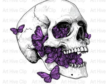 Paarse vlinderschedel PNG, schedel met vlinders clipart, gotische schedelkunst, digitaal schedelontwerp, vlinderillustratie, donkere bloemsierkunst