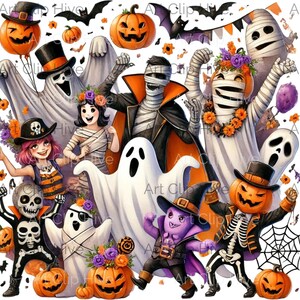 Skurrile Halloween Feier mit freundlichen Geistern, verspielten Monstern und festlichen Kürbissen in einem farbenfrohen Cartoon Stil