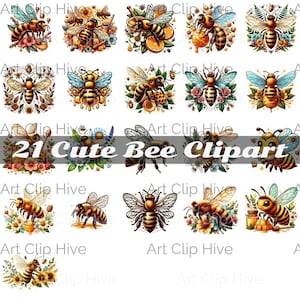 Cute Bee Clipart, Honey Bee Clipart Bundle, Baby Wall Art, Floral Clipart, Bumble Bee, Honey Comb Bee, Queen Bee Png, Beehive
