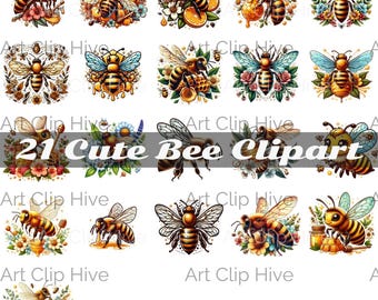 Cute Bee Clipart, Honey Bee Clipart Bundle, Baby Wall Art, Floral Clipart, Bumble Bee, Honey Comb Bee, Queen Bee Png, Beehive
