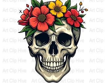 Impresión de arte digital de calavera con corona de flores, arte de pared del Día de los Muertos, calavera floral PNG, decoración gótica, clipart de esqueleto, diseños de calaveras