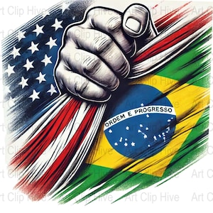 May include: A graphic illustration shows a clenched fist tearing through the American flag, revealing the Brazilian flag. The Brazilian flag has a blue circle with the words "ORDEM E PROGRESSO" and a green and yellow background. The American flag has red and white stripes and white stars on a blue background.
