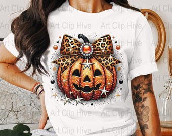 Leopard Coquette Bow Pumpkin PNG, Sparkly Fall Design, Thanksgiving PNG, Jack O Lantern Printable Art, Halloween Wall Decor