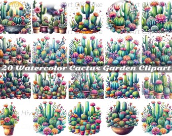 Watercolor Cactus Clipart, Succulent PNG, Cactus Garden Clipart, Hand-Painted Cacti Art, Digital Succulents, Instant Download, Plant Clipart