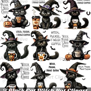 Könnte beinhalten: Neun digitale Illustrationen von schwarzen Katzen, die Hexenhüte tragen und Kaffeetassen halten. Die Katzen haben unterschiedliche Gesichtsausdrücke und halten verschiedene Arten von Kaffeetassen. Der Text "Witch, Please, I Need Coffee" erscheint an verschiedenen Stellen auf den Bildern.