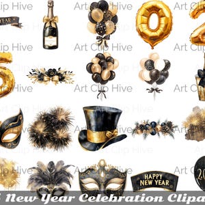 Happy New Year 2025 PNG, Celebration Clipart, New Years Eve, Balloon Clipart, Champagne Png, New Year Decorations, Party Decor,