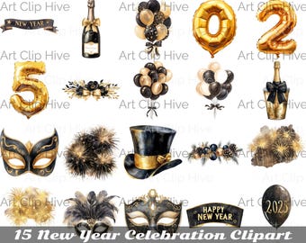 Happy New Year 2025 PNG, Celebration Clipart, New Years Eve, Balloon Clipart, Champagne Png, New Year Decorations, Party Decor,