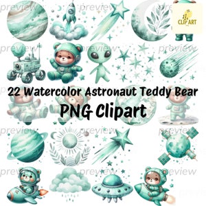 Astronaut and Space Watercolor Clipart, Cute Alien Bear PNG, Nursery Planet Decor, Celestial Prints for Sublimation Design - Kids Crafts