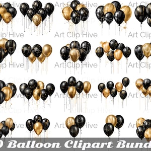 Black and Gold Balloon Clipart, Glitter Balloon PNG, Watercolor PNG, Birthday Party Design, Digital Overlays, Sublimation Designs