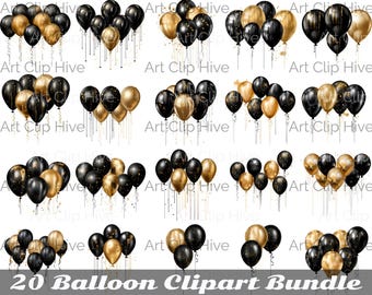 Black and Gold Balloon Clipart, Glitter Balloon PNG, Watercolor PNG, Birthday Party Design, Digital Overlays, Sublimation Designs