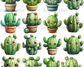 Clipart di cactus kawaii, PNG di cactus carino, design di sublimazione di cactus, arte di piante dei cartoni animati, download istantaneo, clipart digitale, PNG di piante kawaii