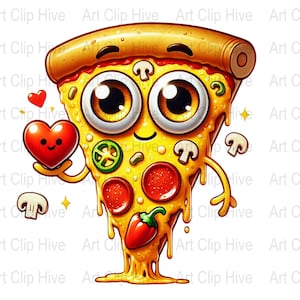 Cute Pizza Slice Clipart, Pizza By The Slice Png, Adorable Pizza with Big Eyes, Heart and Veggies Decor Wall Art, Pizza Graphics