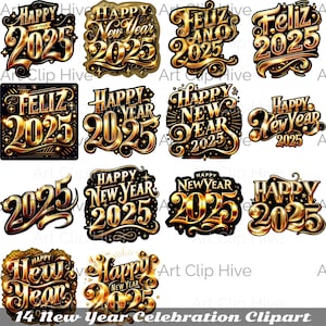 Feliz Ano Novo 2025 Clipart, Elegante Conjunto de Decorações de Ano Novo PNG, Celebração Clipart, Ilustrações de Diário de Lixo Digital, Glitter Dourado PNG