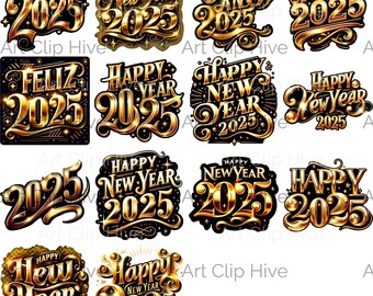 Happy New Year 2025 Clipart, Elegant New Year Decorations PNG Set, Celebration Clipart, Digital Junk Journal Illustrations, Gold Glitter PNG